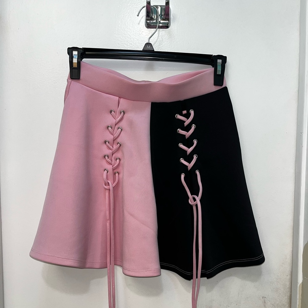 Hot Topic Pink and Black Lace-Up Skirt